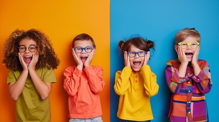 Children lined up showing various emotions colored background