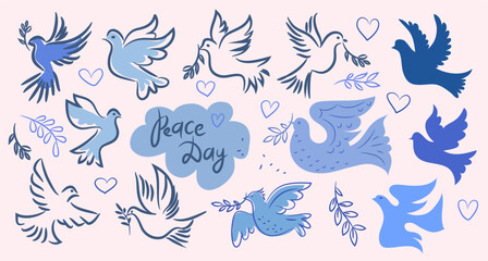 Dove of peace  template set icons Concept for poster, greeting card, book cover, banner world peace day postcard with dove, branch. Vector art hand drawn art illustration.