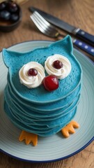 "Whimsical Blue Owl-Shaped Pancakes with Berries and Cream"