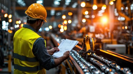 Diligent Engineer Conducting Quality Check on Assembly Line with Checklist in Industrial Factory Setting