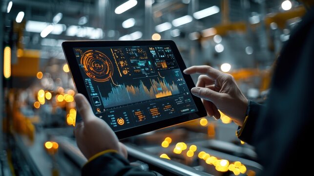 Precision Quality Control Inspection with Tablet Technology in Modern Factory Setting
