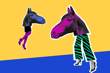 Composite photo collage of two anonym female legs heels instead body horse avatar business...