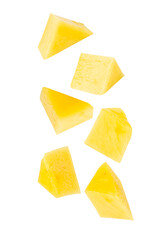 Falling Yellow Mango slices, cutout, full depth of field.