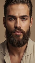 Obraz premium Portrait of middle-aged man with curly hair and full beard, neutral look