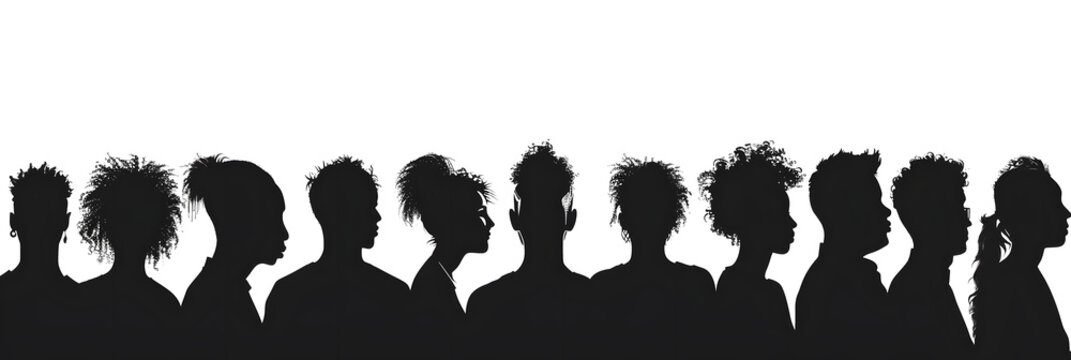 a row of black siluets of people look in, we see them only from the back, white background, vector
