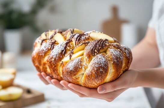 A person is holding a large pastry with apples and chocolate on top. The pastry is covered in powdered sugar and looks delicious