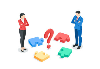 isometric vector business man and woman standing near scattered puzzle pieces and question mark, in color on a white background, unsolved problem or search for a solution