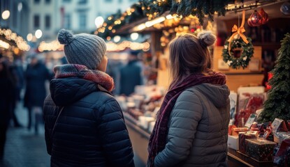 Obraz premium Two women are standing in front of a Christmas market, looking at the various items for sale. The market is bustling with people, and the atmosphere is lively and festive