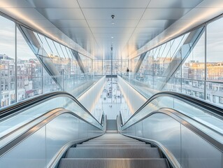 Obraz premium A large, empty, modern building with a glass ceiling and escalators. The escalators are on the left and right sides of the building