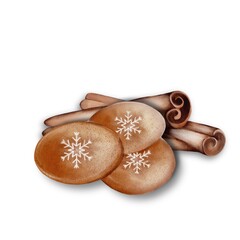 Watercolor depiction of cinnamon sticks and cookies with snowy designs set on a white background