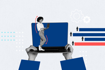 Creative picture collage laptop computer display woman worker manager challenge digital device...