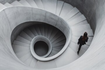 A woman walks up a spiral staircase. The staircase is very large and has many steps. The woman is wearing a black jacket and she is in a hurry