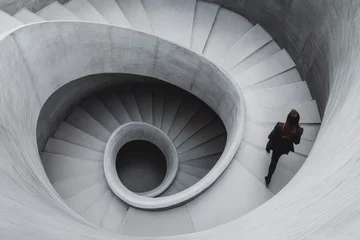 Fotobehang Trappen A woman walks up a spiral staircase. The staircase is very large and has many steps. The woman is wearing a black jacket and she is in a hurry  © Bambalino Studio