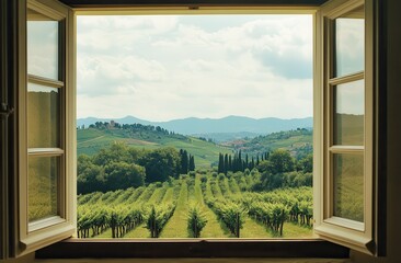 A window view of a vineyard with a cloudy sky in the background. The scene is peaceful and serene, with the lush green vines stretching out as far as the eye can see