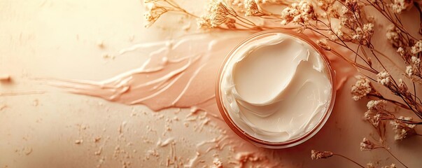 Luxurious cream in a jar on a soft background, ideal for skincare and beauty products, enhancing relaxation and self-care.