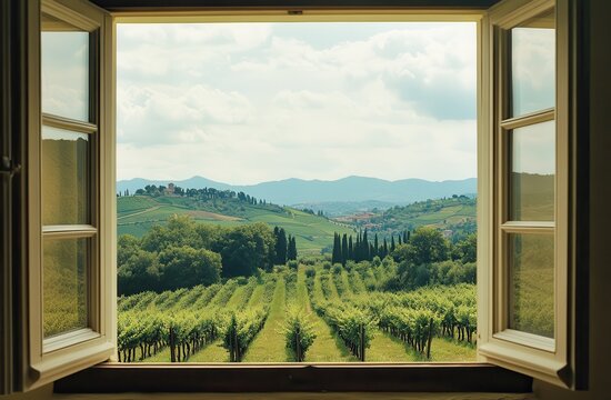 Fototapeta A window view of a vineyard with a cloudy sky in the background. The scene is peaceful and serene, with the lush green vines stretching out as far as the eye can see