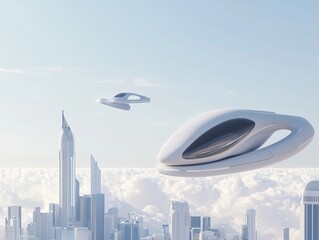 Fototapeta premium Illustrate a futuristic cityscape with sleek, futuristic buildings and flying vehicles soaring through the sky A digitally rendered image with a glossy, realistic finish