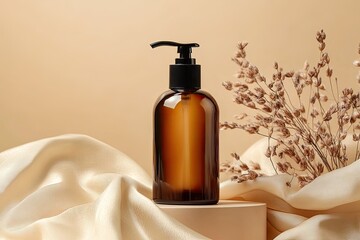 Dark amber glass pump bottle on satin cloth podium. Beige color background with dried flax flowers. Natural cosmetics products design