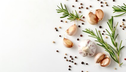 Garlic, rosemary and peppercorns on a white background