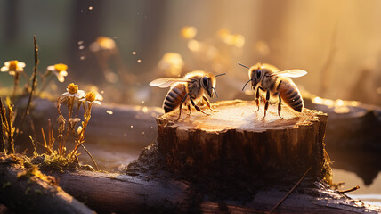 Fototapeta premium forest bees on a stump, wildlife bee hive, insects making honey, beautiful nature background