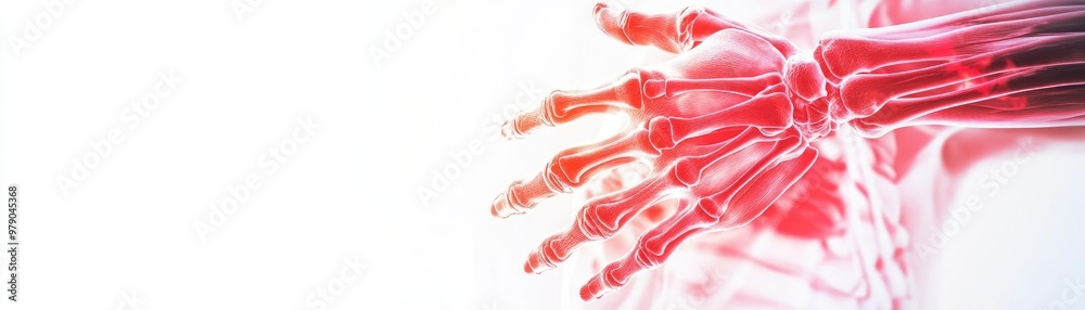 Poster A close-up view of a human hand skeleton showcasing intricate bone structure and details, ideal for medical and educational purposes.