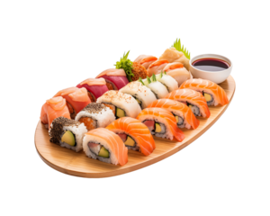 Sushi rolls served with soy sauce on a wooden platter; ideal for Asian eateries, food blogs, and culinary designs. Generative AI