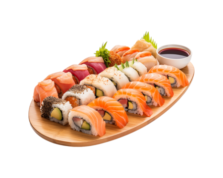 Sushi rolls served with soy sauce on a wooden platter; ideal for Asian eateries, food blogs, and culinary designs. Generative AI - Powered by Adobe
