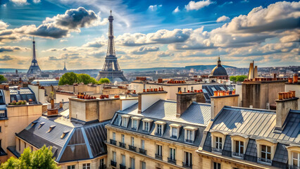 Panoramic view of Paris rooftops with Eiffel Tower in the background , Paris, rooftops, cityscape, France, urban