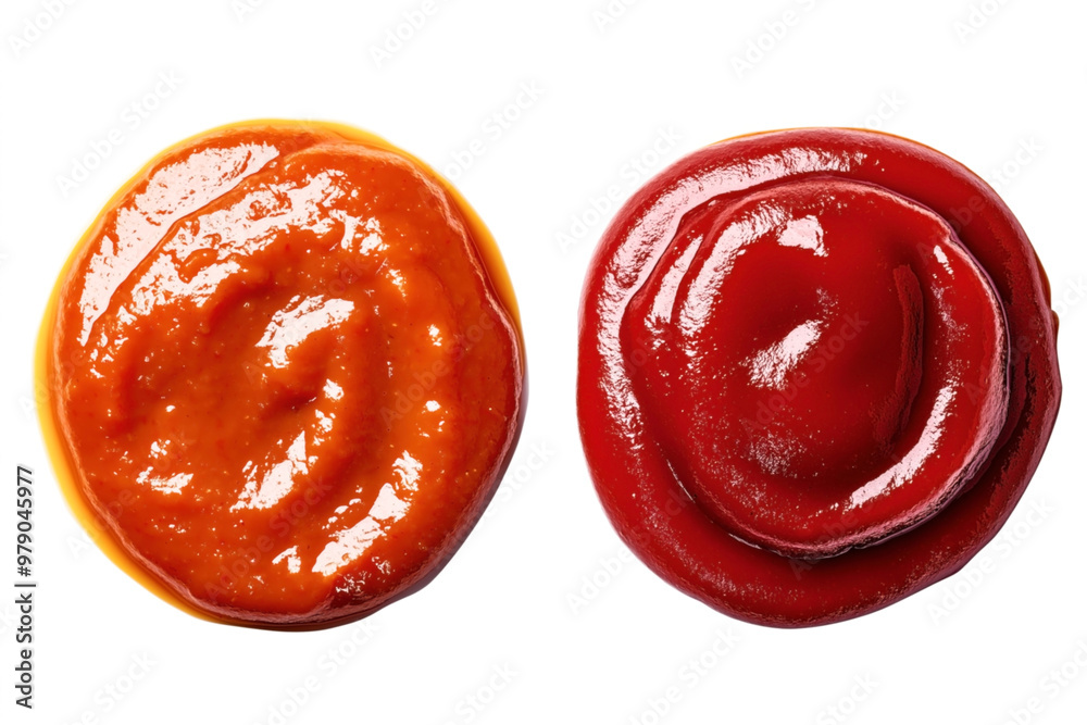 Sticker Close-up view of two sauces on a white background. The sauce on the left is orange, and the one on the right is red. Each sauce is in a circular dollop shape.