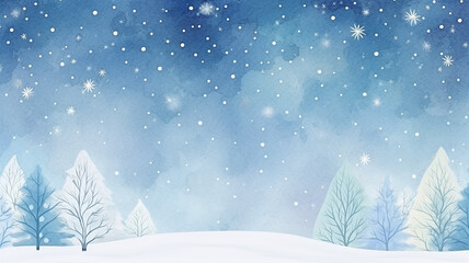 watercolor landscape winter, snow, snowfall view with copy space, empty banner, postcard for the new year