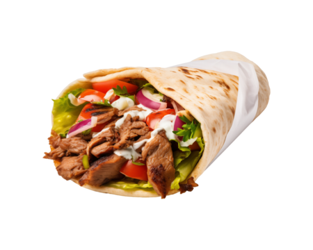 Full of meat, lettuce, tomato, onion, and sauce, doner kebab wraps are ideal for menus, food blogs, and social media posts. Generative AI