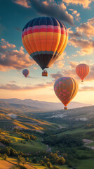 Naklejka premium Bright colorful hot air balloons floating gently in the sky at sunrise over scenic landscape with mountains peaceful and serene adventure