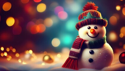 A cheerful snowman with a smiling face, wearing a colorful winter hat and scarf, stands against a blurred background of multicolored festive lights, creating a joyful holiday atmosphere. Copy space
