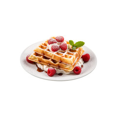 Waffles with powdered sugar and syrup on a platter, ideal for breakfast content, restaurant promos, menus, and food blogs. Generative AI