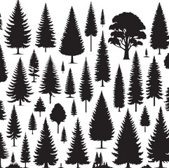 Obraz premium Pine Trres vector trees set. Tree icons are set in a modern flat style. Vector silhouette, graphic trees elements and landscape,generative ai,