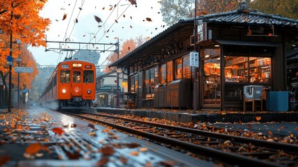 Obraz premium Tranquil Autumn Scene in a Charming Japanese Town: Vintage Train Station and Traditional Shop Amid Fallen Leaves