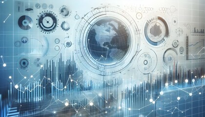Complex financial charts and graphs overlayed indicating market trends, set against a white-to-blue gradient background, symbolizing data analysis