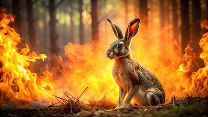 Fototapeta premium Wild hare surrounded by flames in a burning forest, wildlife, animal, hare, fire, burning, forest, smoke, danger, disaster
