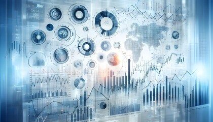 Obraz premium Complex financial charts and graphs overlayed indicating market trends, set against a white-to-blue gradient background, symbolizing data analysis