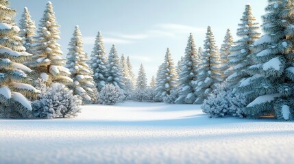 A serene winter landscape featuring snow-covered pine trees under a clear blue sky, perfect for seasonal themes and nature scenes.