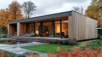 Fototapeta premium A cube-shaped home with a sleek slatted wooden facade, horizontal lines creating a seamless modern aesthetic, blending with nature for warmth and style