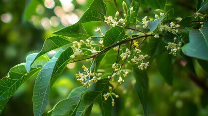 Fototapeta premium Medicinal ayurvedic azadirachta indica or Neem leaves and flowers. Very powerful medicinal tree