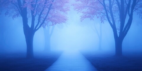 Obraz premium Gorgeous ethereal forest with autumnal blue mist. A vibrant setting with enchanted trees that have crimson and orange foliage.