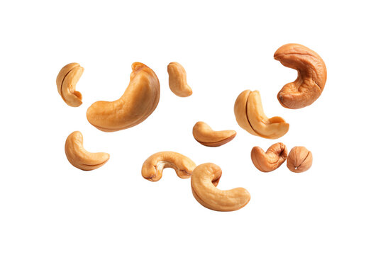 Cashew nuts tumble down on a clean white backdrop. Suitable for food packaging designs, health magazines, and nut industry promotions. Generative AI