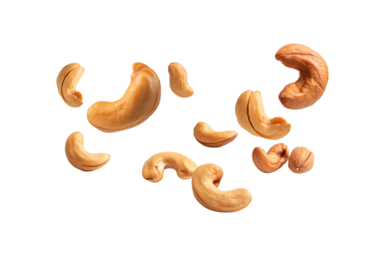 Cashew nuts tumble down on a clean white backdrop. Suitable for food packaging designs, health magazines, and nut industry promotions. Generative AI