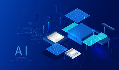 CPU isometric ai banner. Futuristic microchip processor background. Quantum computer database concept. Central Computer Processors CPU design. Digital chip vector.