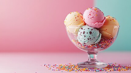 Glass dessert bowl filled with pastel gelato scoops, surrounded by colorful sprinkles on a bright surface, playful dessert concept with space for text