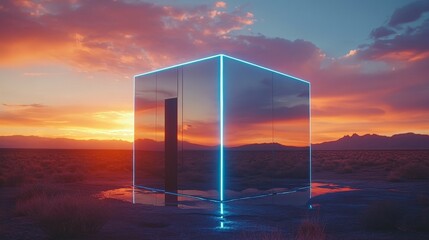 A futuristic cube home with metallic silver panels reflecting the sunset, LED lights tracing the edges in neon blue, surrounded by a minimalistic desert landscape