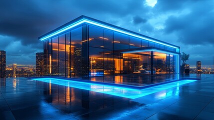 Obraz premium A futuristic cube home with metallic silver panels reflecting the sunset, LED lights tracing the edges in neon blue, surrounded by a minimalistic desert landscape