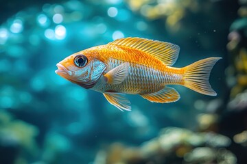 Obraz premium A Single Golden Fish Swimming in a Blue Tank